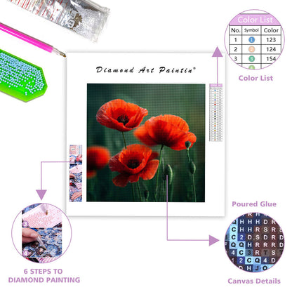 Red Poppies in Green Meadow - Diamond Painting