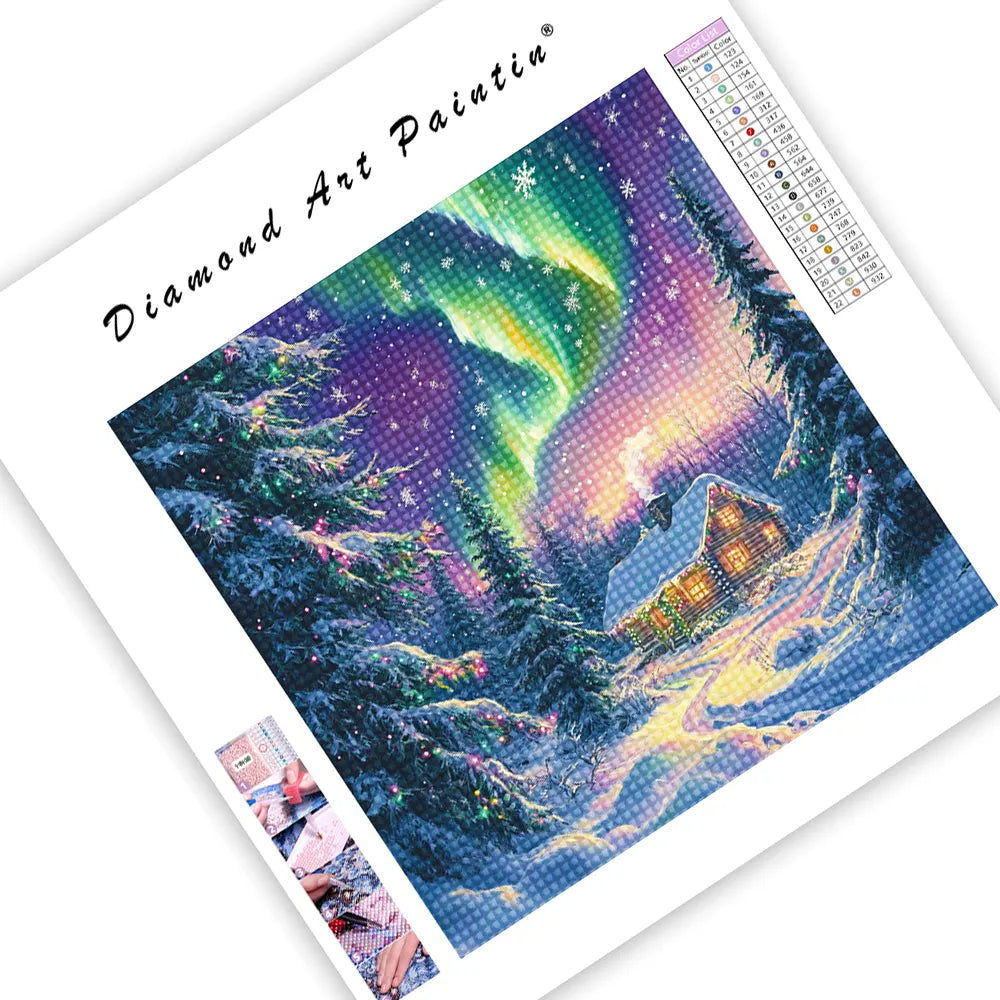 Northern Lights Christmas Cabin - Diamond Painting