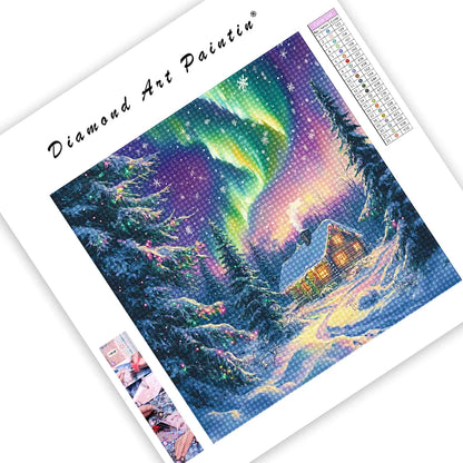 Northern Lights Christmas Cabin - Diamond Painting