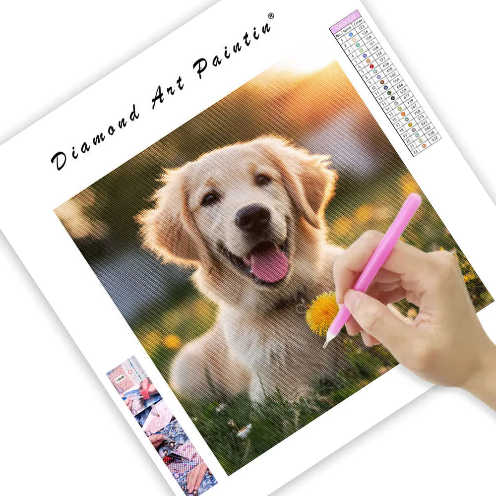 Golden Retriever with Dandelion - Diamond Painting