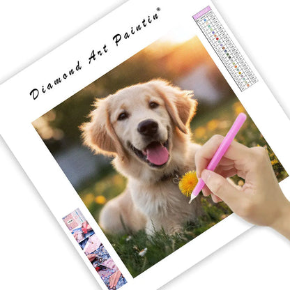 Golden Retriever with Dandelion - Diamond Painting