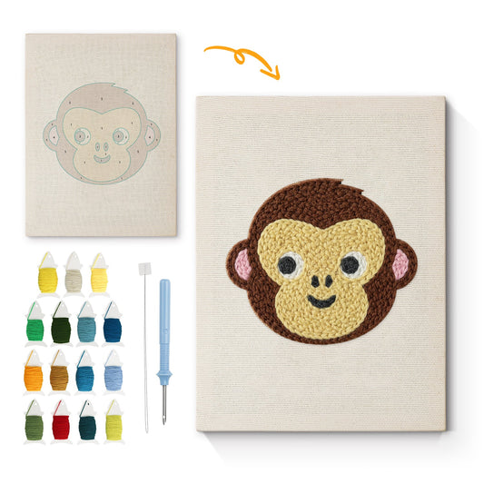 Monkey Face with Pink Ears - Punch Needle