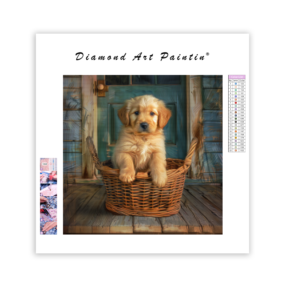Golden Puppy in a Basket - Diamond Painting