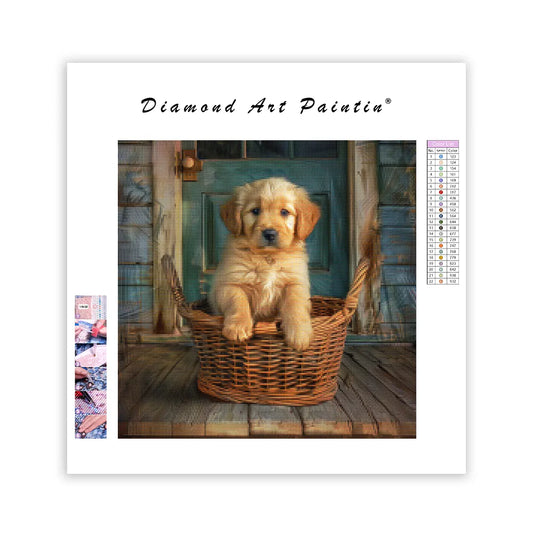 Golden Puppy in a Basket - Diamond Painting