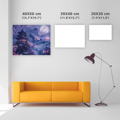 Purple Moonlit Pagoda Landscape - Diamond Painting