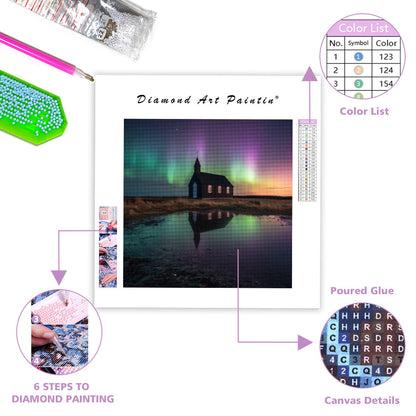 Icelandic Church under Aurora - Diamond Painting