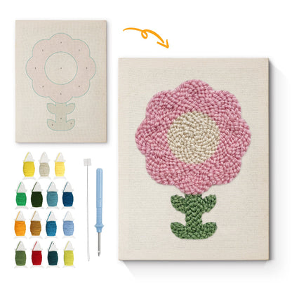 Soft Pink Flower with Green Leaves - Punch Needle