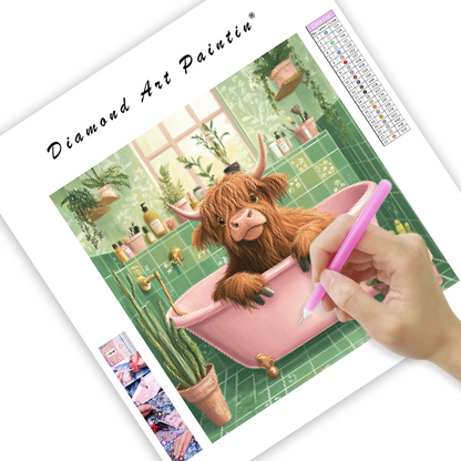 Highland Cow in a Cozy Bathroom - Diamond Painting