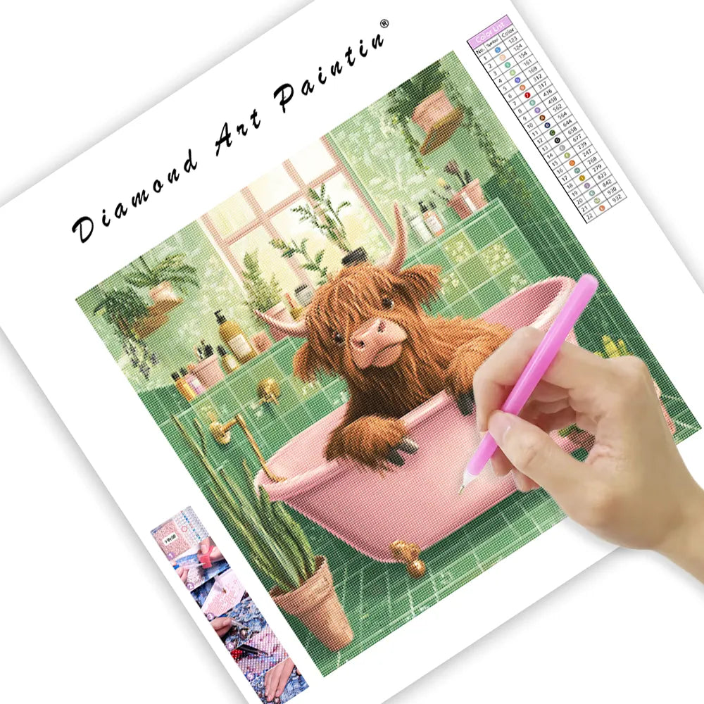 Highland Cow in a Cozy Bathroom - Diamond Painting