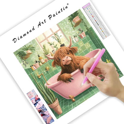 Highland Cow in a Cozy Bathroom - Diamond Painting