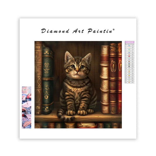 Cute Cat on Bookshelf - Diamond Painting
