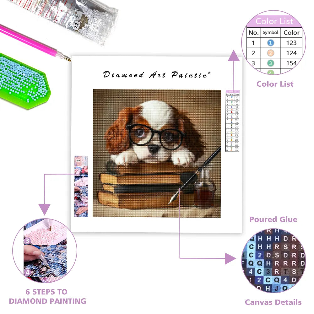 Bookish Puppy Charm - Diamond Painting