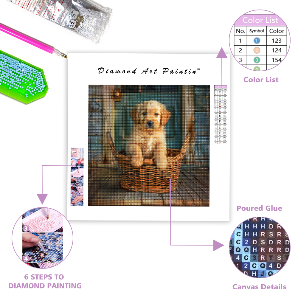 Golden Puppy in a Basket - Diamond Painting