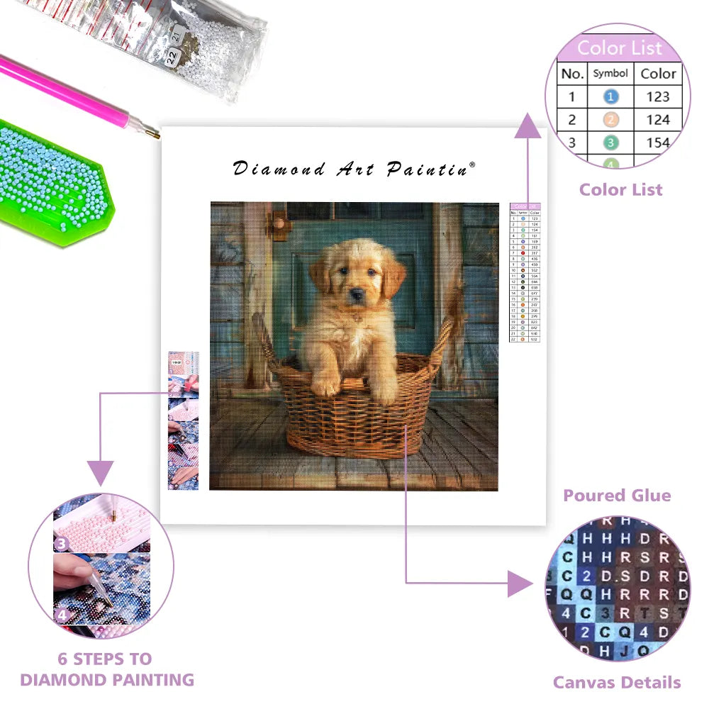 Golden Puppy in a Basket - Diamond Painting