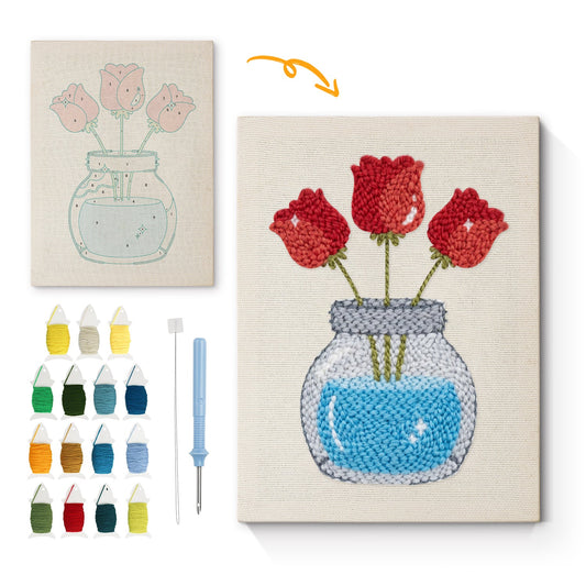 Red Tulips in Glass Jar - Punch Needle