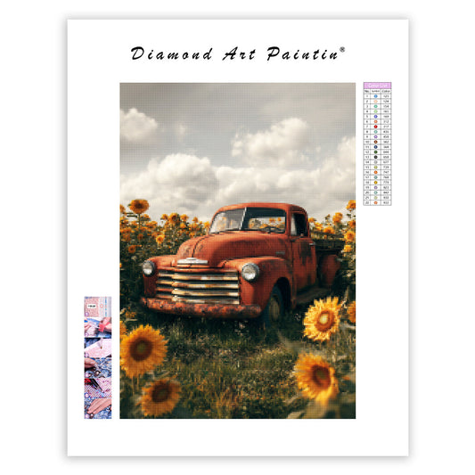 Vintage Truck Surrounded by Sunflowers - Diamond Painting
