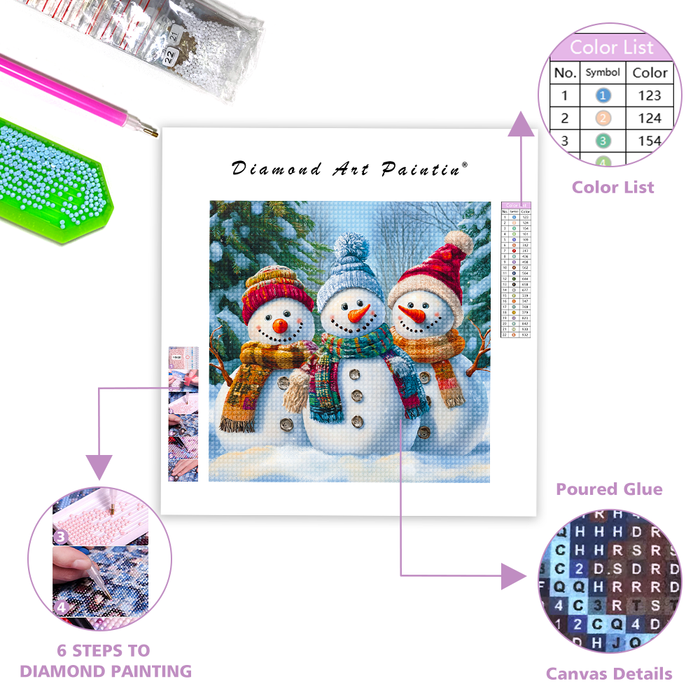 White Snow Three Snowmen - Diamond Painting
