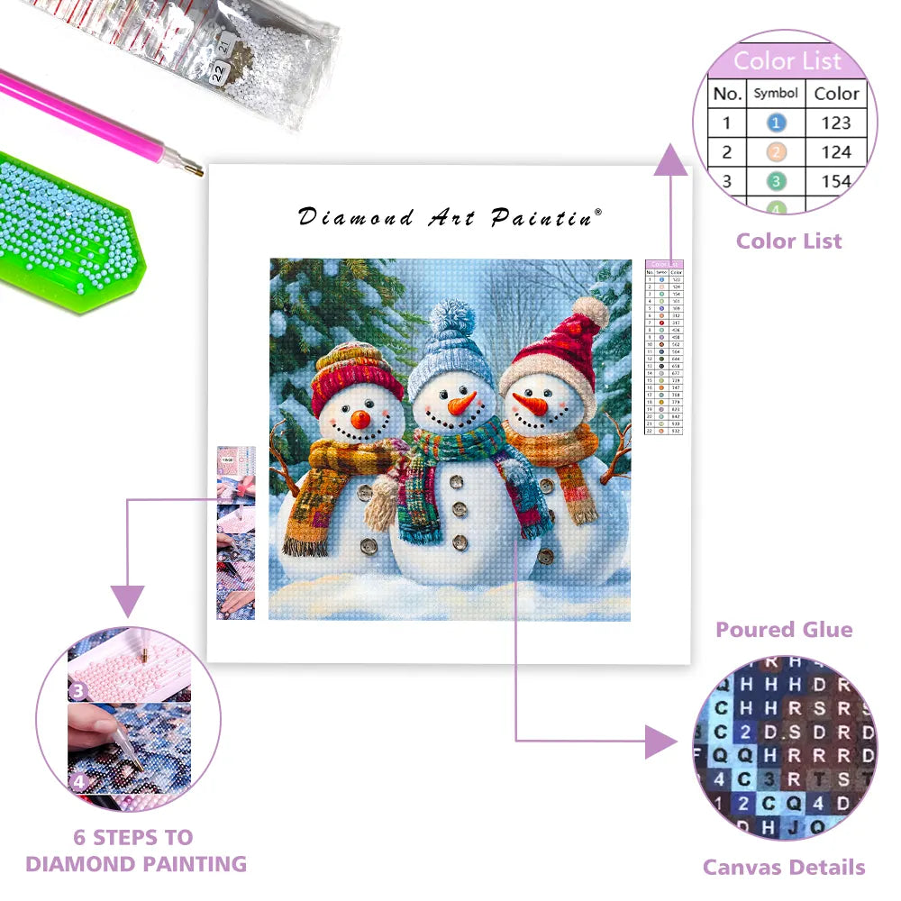 White Snow Three Snowmen - Diamond Painting