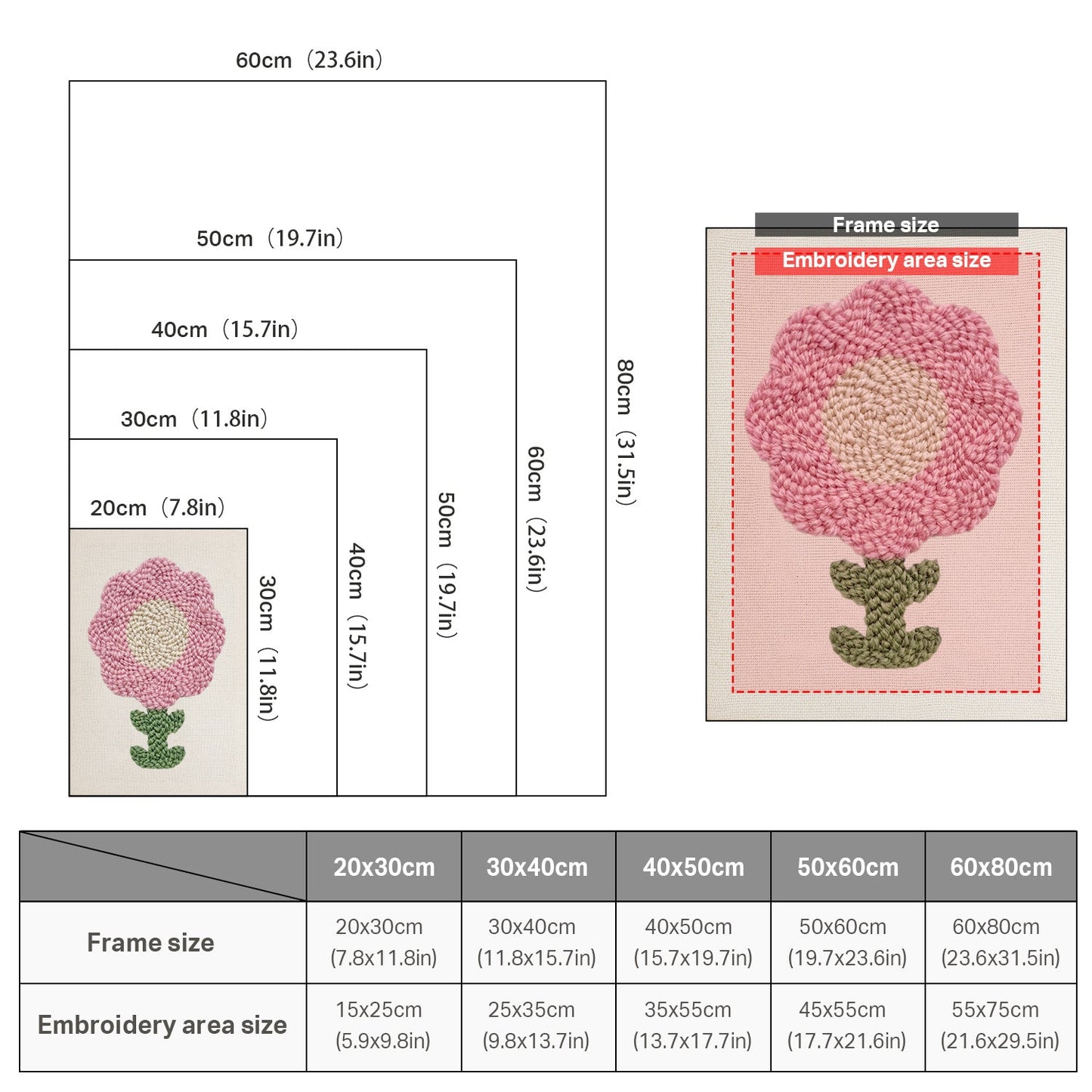 Soft Pink Flower with Green Leaves - Punch Needle