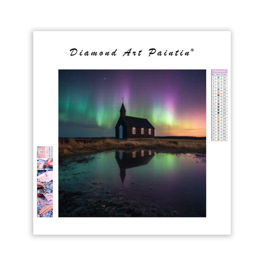 Icelandic Church under Aurora - Diamond Painting