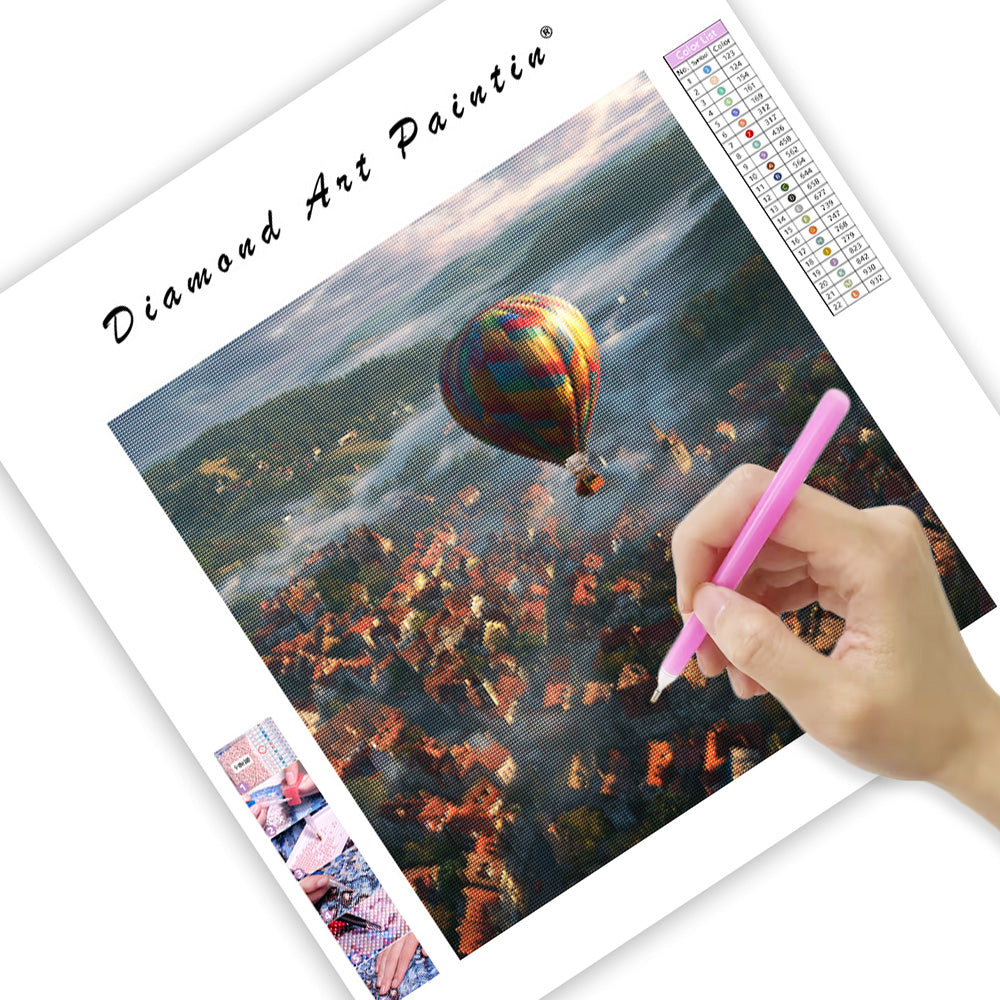 Balloon Over European Town - Diamond Painting