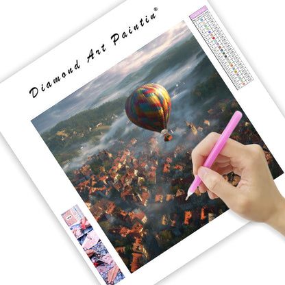 Balloon Over European Town - Diamond Painting