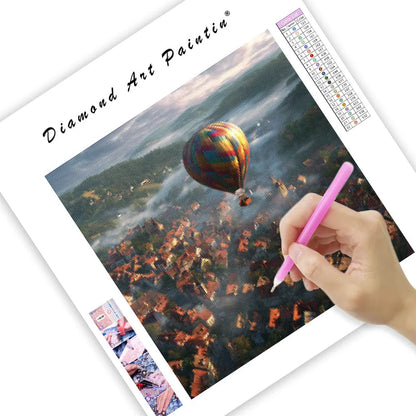 Balloon Over European Town - Diamond Painting