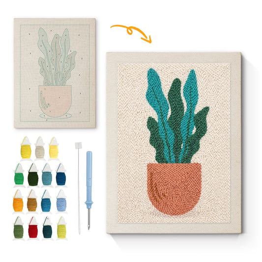 Green Leaves in Terracotta Pot - Punch Needle