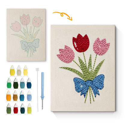 Tulip Bouquet with Blue Bow - Punch Needle
