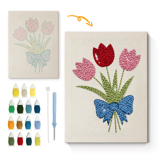 Tulip Bouquet with Blue Bow - Punch Needle