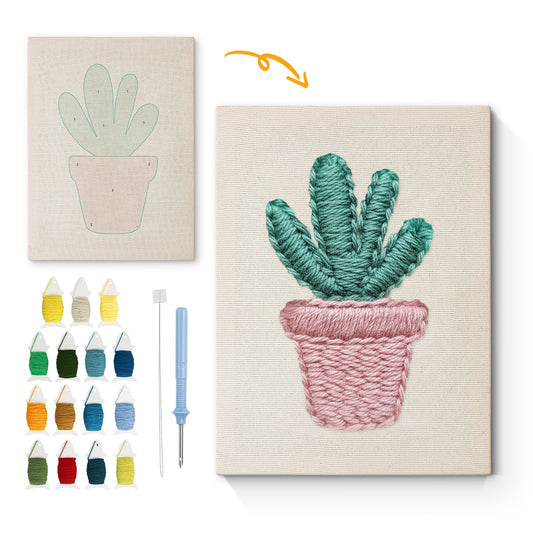 Pink Pot with Green Cactus - Punch Needle