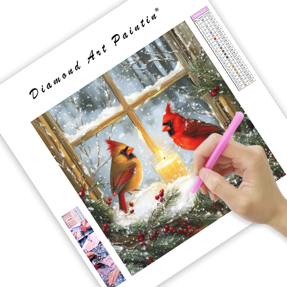 Winter Cardinals by the Window - Diamond Painting