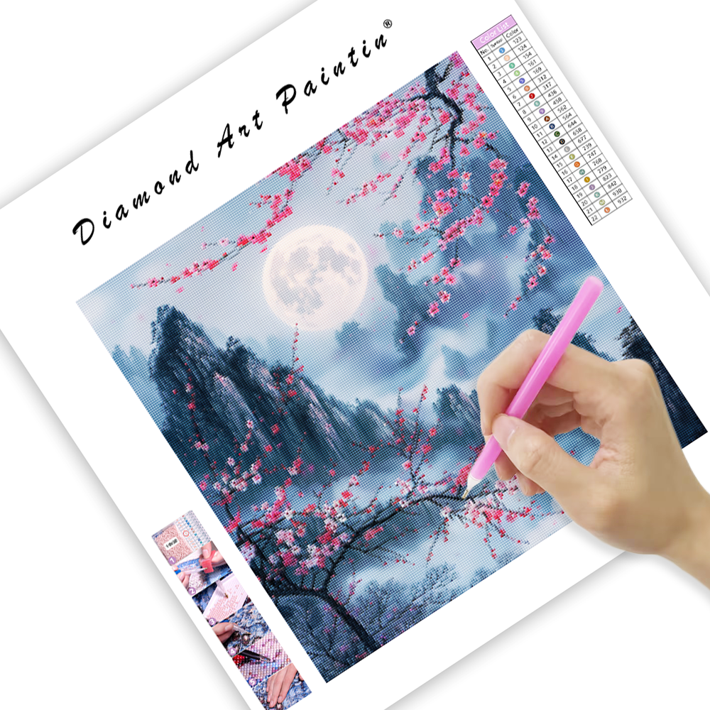 Cherry Blossom Moonlight Mountainscape - Diamond Painting