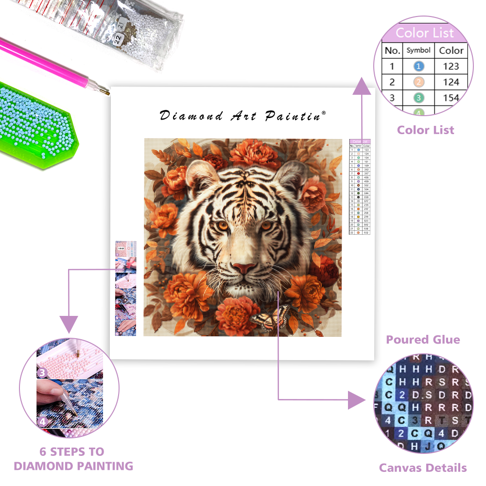 White Tiger with Orange Flowers - Diamond Painting