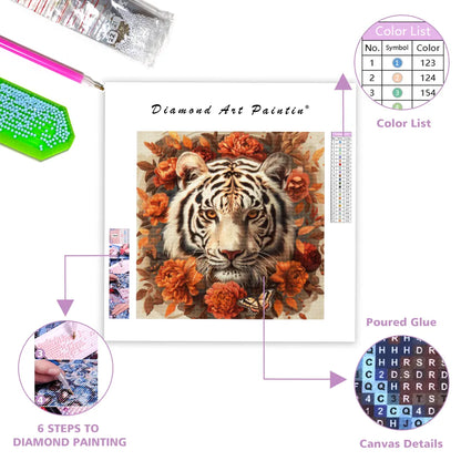 White Tiger with Orange Flowers - Diamond Painting