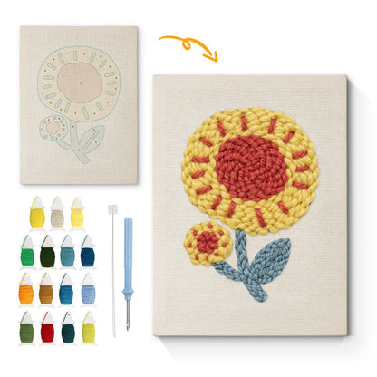 Yellow Sunflower with Red Center and Blue Leaves - Punch Needle