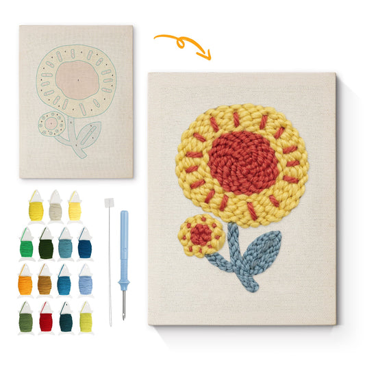 Yellow Sunflower with Red Center and Blue Leaves - Punch Needle