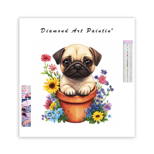 Pug in a Flower Pot - Diamond Painting