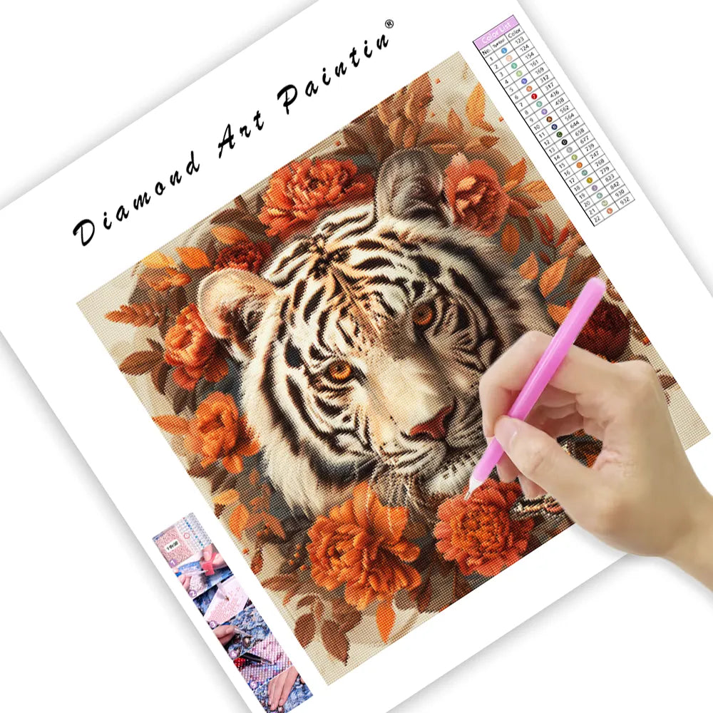 White Tiger with Orange Flowers - Diamond Painting