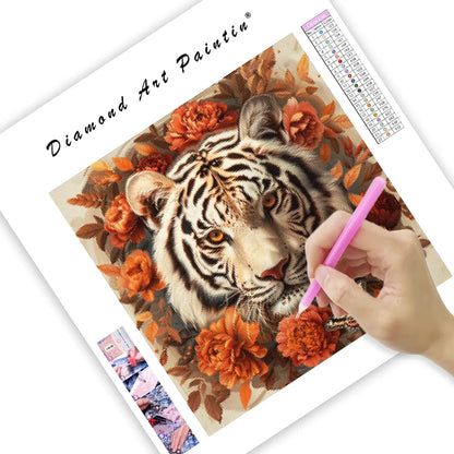 White Tiger with Orange Flowers - Diamond Painting