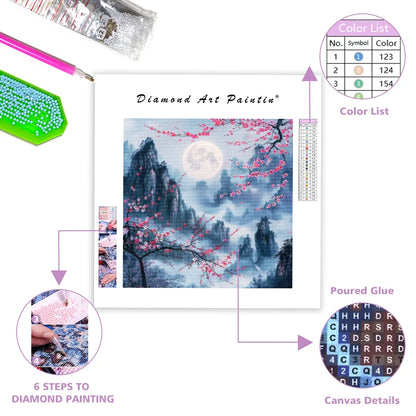 Cherry Blossom Moonlight Mountainscape - Diamond Painting