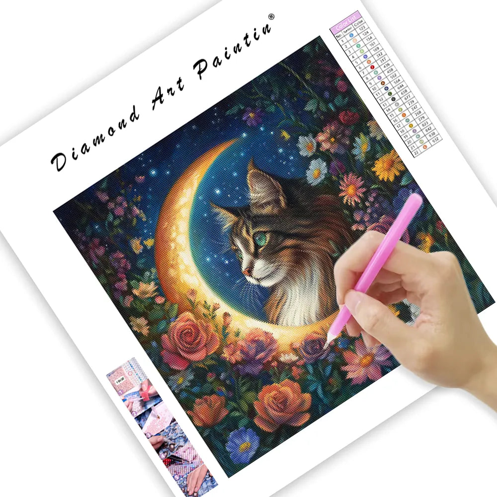 Cat in the Moon with Flowers - Diamond Painting