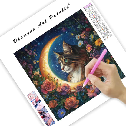 Cat in the Moon with Flowers - Diamond Painting