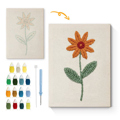 Orange Flower with Green Leaves - Punch Needle