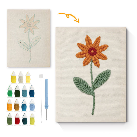 Orange Flower with Green Leaves - Punch Needle