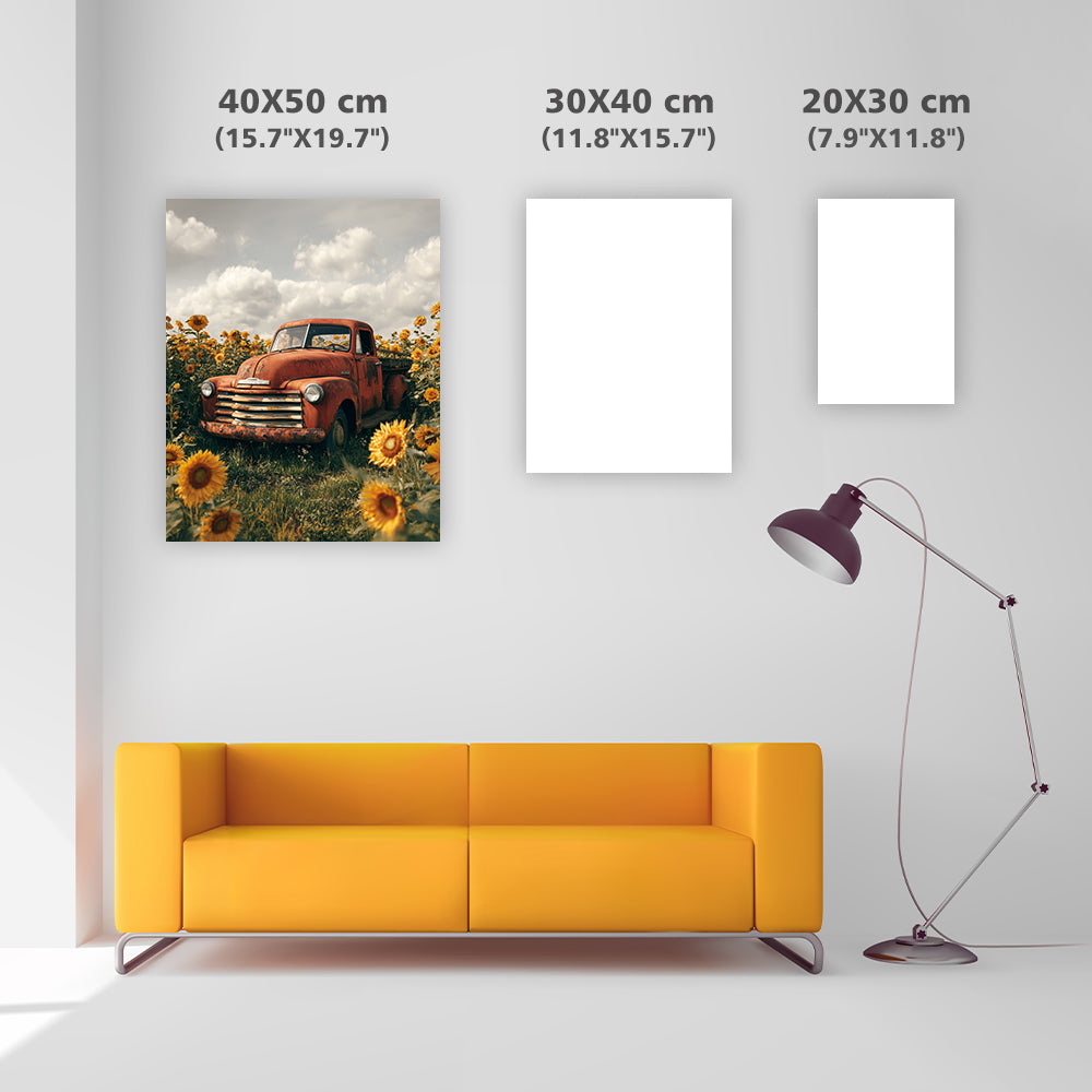 Vintage Truck Surrounded by Sunflowers - Diamond Painting