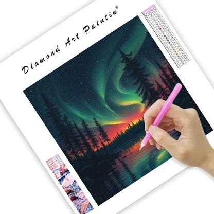 Northern Lights with Pine Trees - Diamond Painting
