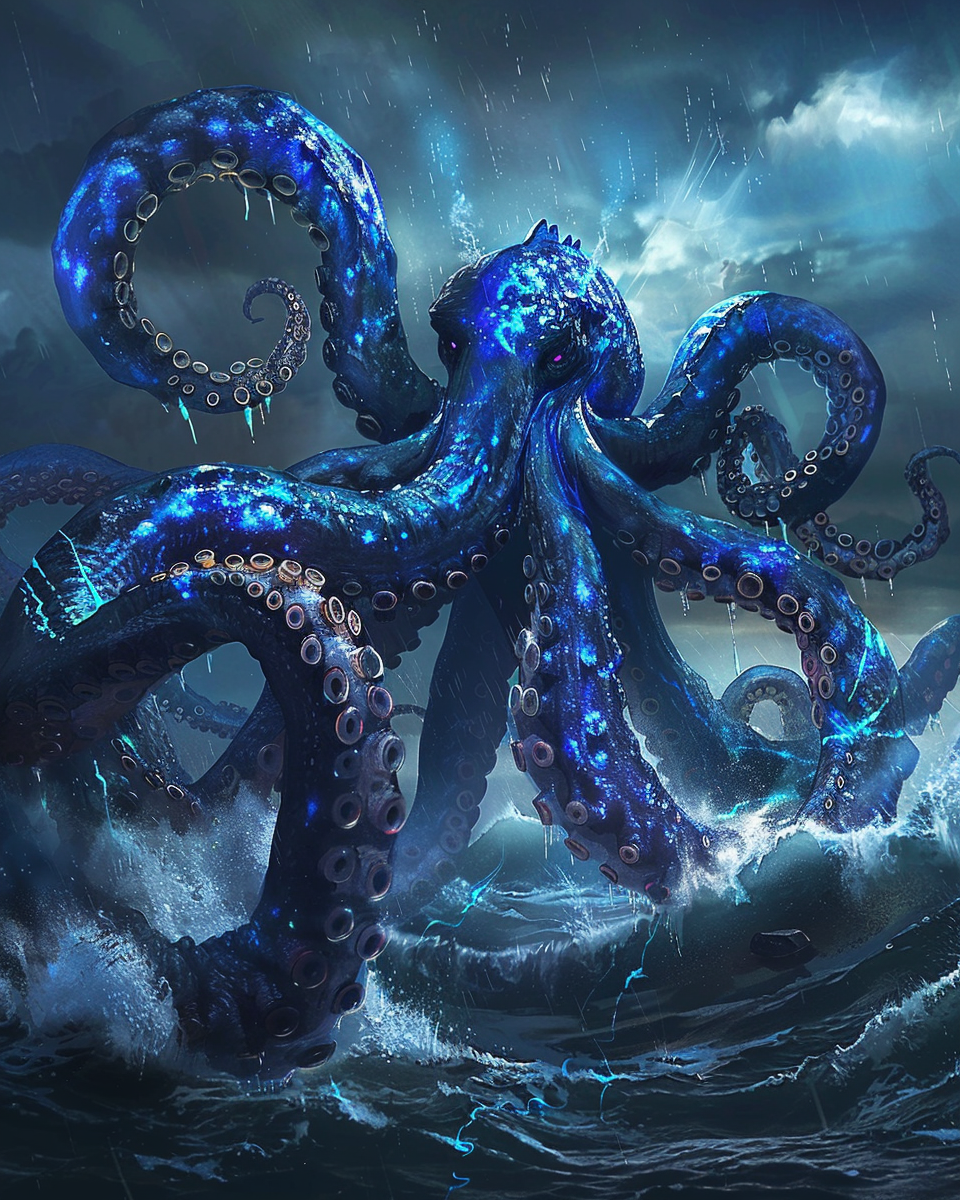 Abyssal Kraken rising through dark ocean waters in diamond art