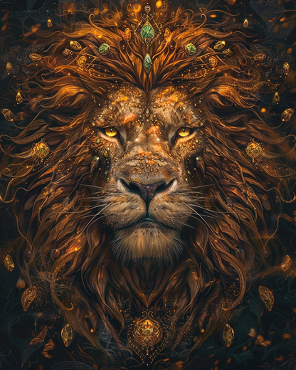 Majestic amber-toned lion portrait rendered as diamond painting art