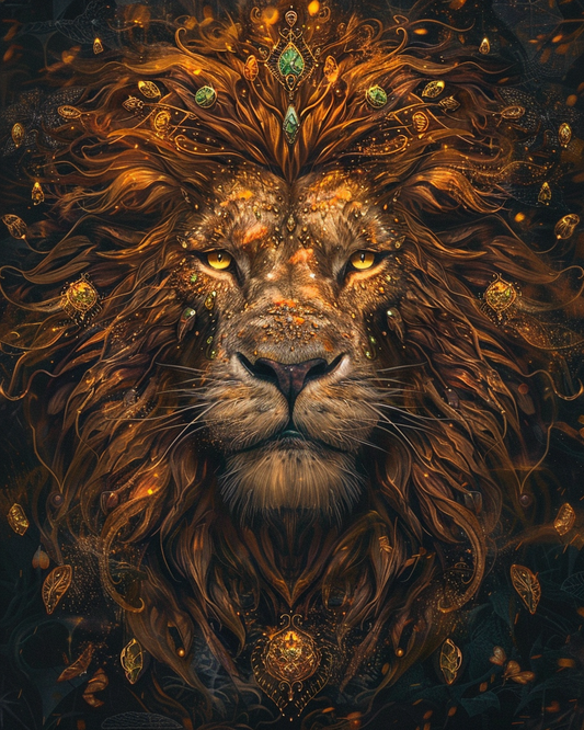 Majestic amber-toned lion portrait rendered as diamond painting art